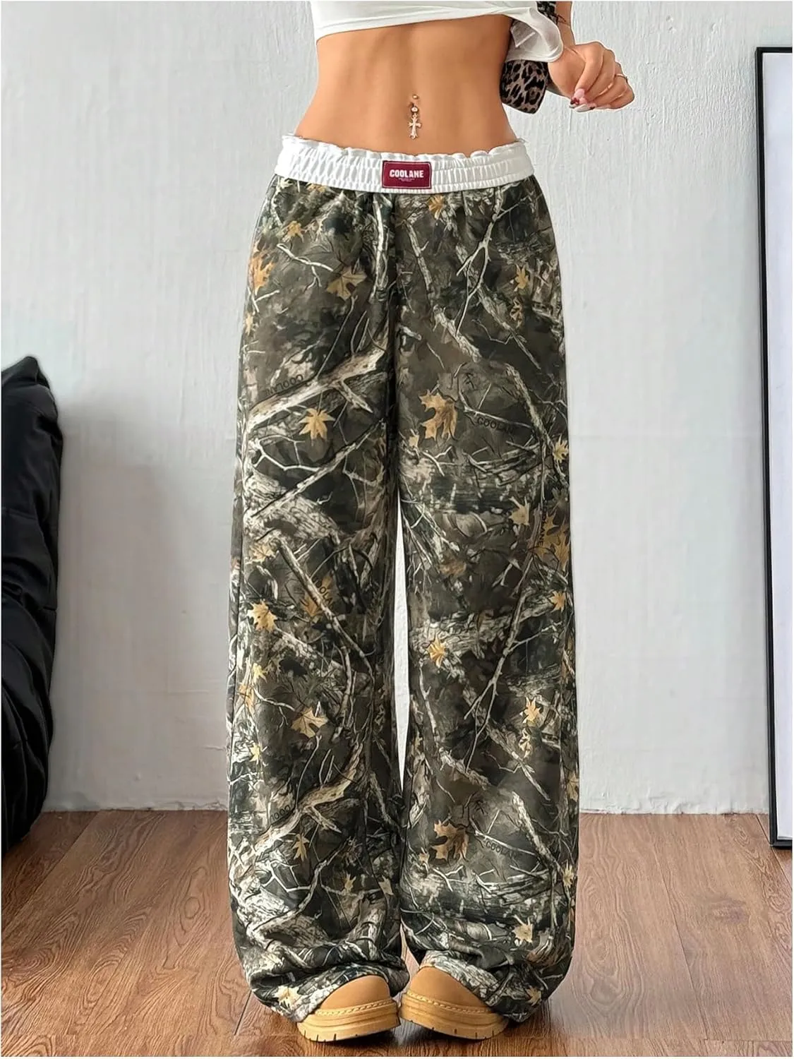 Women's Letter Leopard Print Straight Leg Pants Elastic Waist Y2K Trousers Bottoms with Pockets