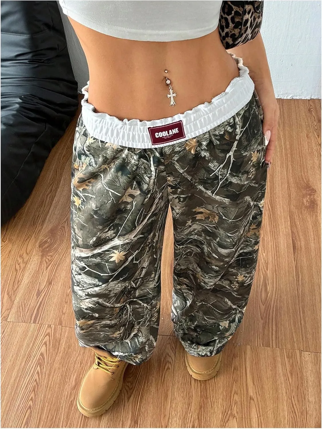 Women's Letter Leopard Print Straight Leg Pants Elastic Waist Y2K Trousers Bottoms with Pockets
