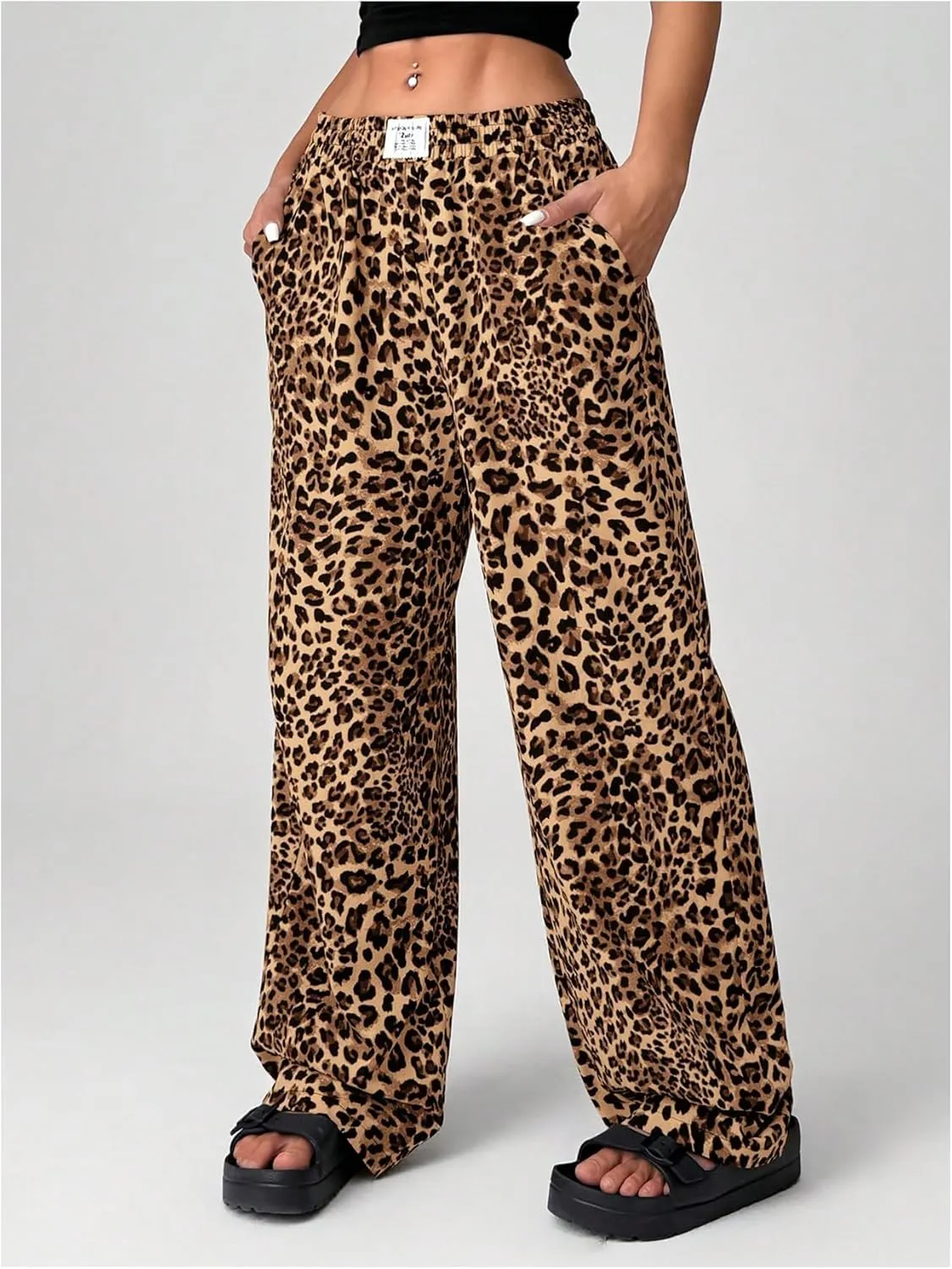 Women's Letter Leopard Print Straight Leg Pants Elastic Waist Y2K Trousers Bottoms with Pockets