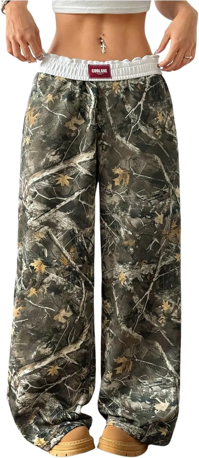 Women's Letter Leopard Print Straight Leg Pants Elastic Waist Y2K Trousers Bottoms with Pockets