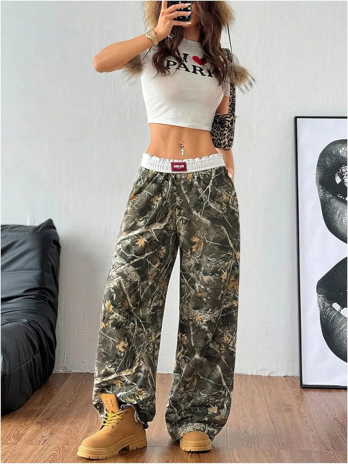 Women's Letter Leopard Print Straight Leg Pants Elastic Waist Y2K Trousers Bottoms with Pockets