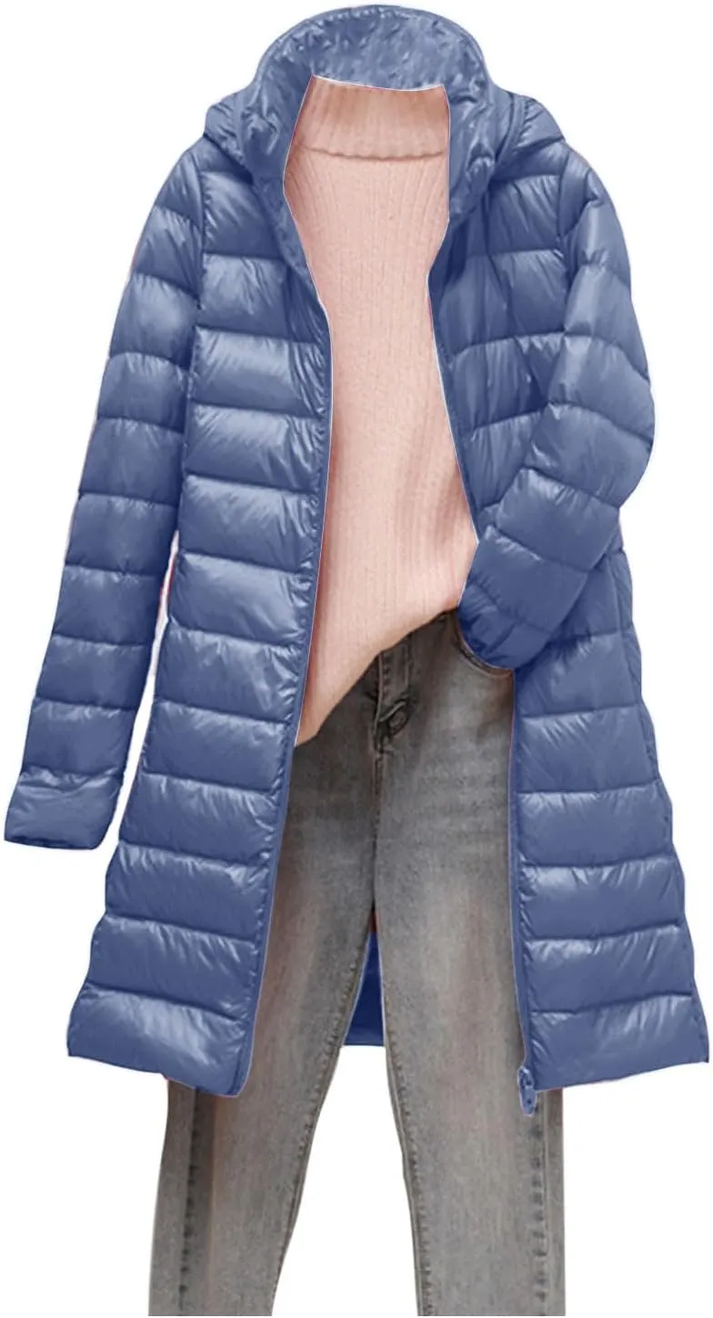 Women's Lightweight Down Jacket Zip Up Plus Size Hooded Quilted Puffer Jackets Mid-Length Winter Coats