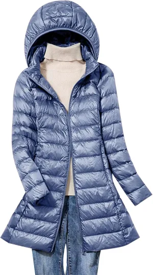 Women's Lightweight Down Jacket Zip Up Plus Size Hooded Quilted Puffer Jackets Mid-Length Winter Coats