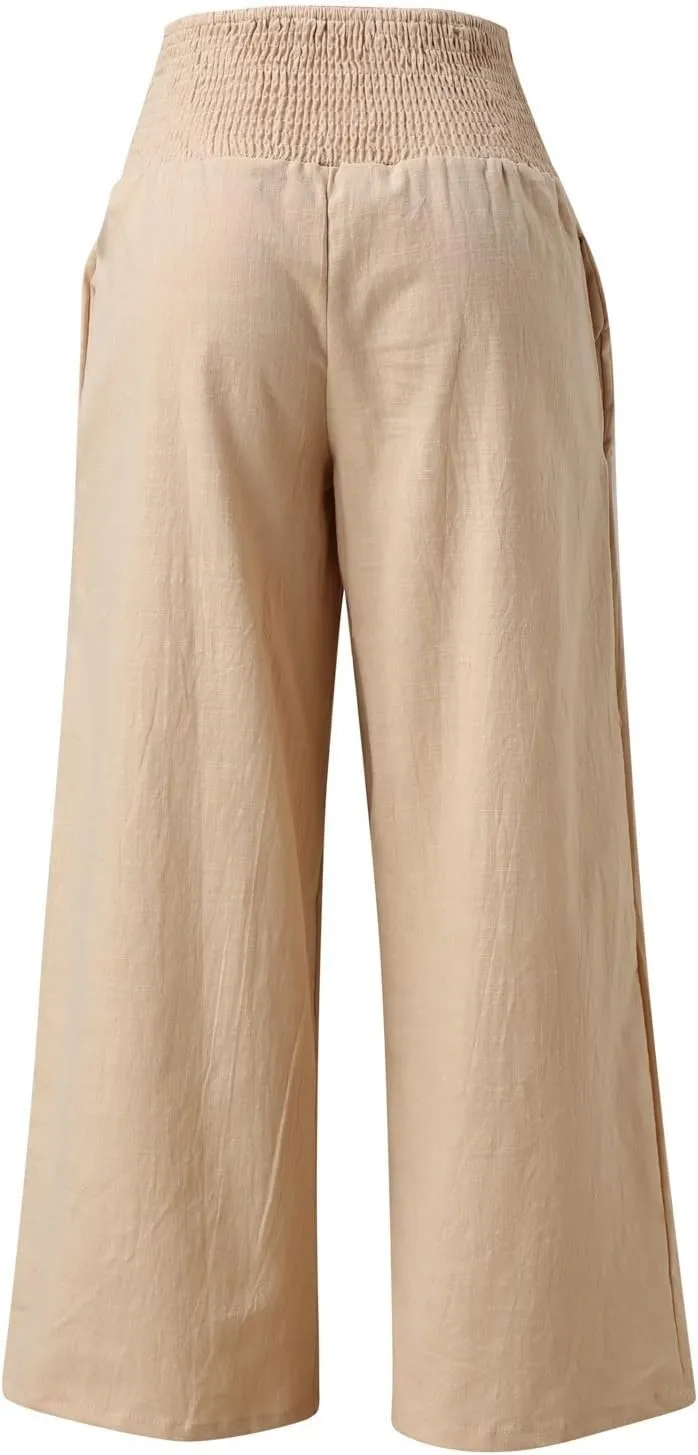 Women's Linen Casual High Waist Wide Leg Straight Pants Trousers Cotton High Waisted Pants Summer Loose Cropped Pants