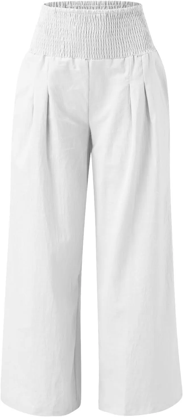 Women's Linen Casual High Waist Wide Leg Straight Pants Trousers Cotton High Waisted Pants Summer Loose Cropped Pants