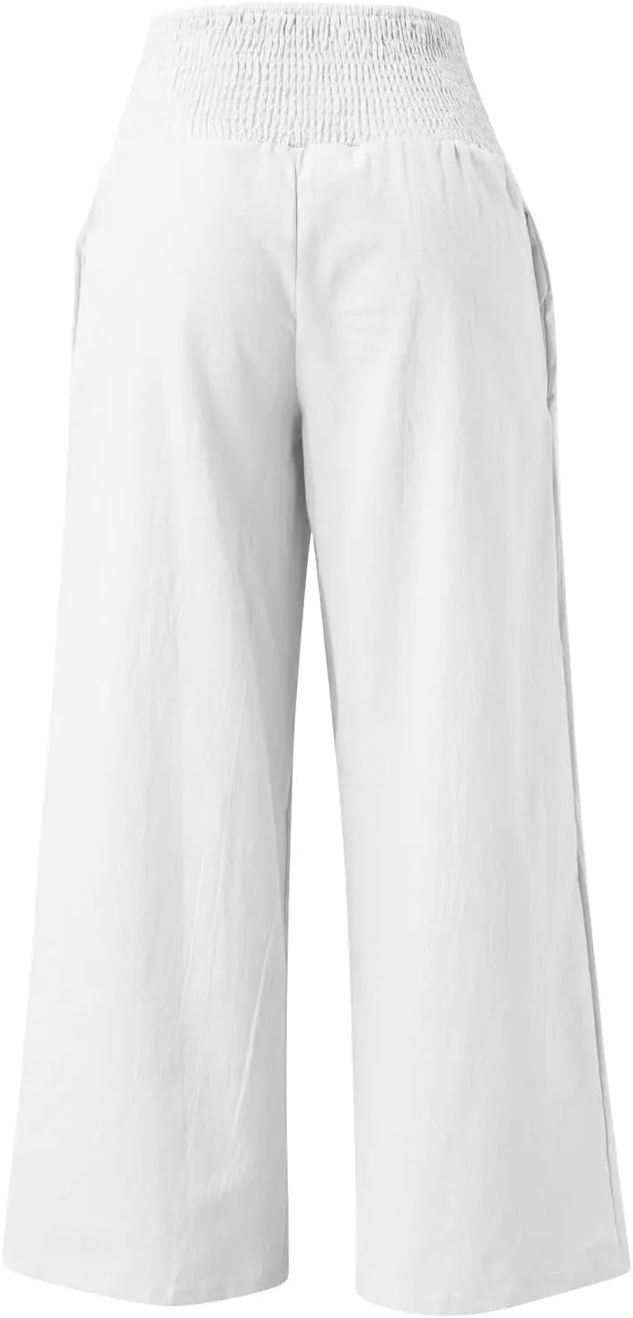 Women's Linen Casual High Waist Wide Leg Straight Pants Trousers Cotton High Waisted Pants Summer Loose Cropped Pants