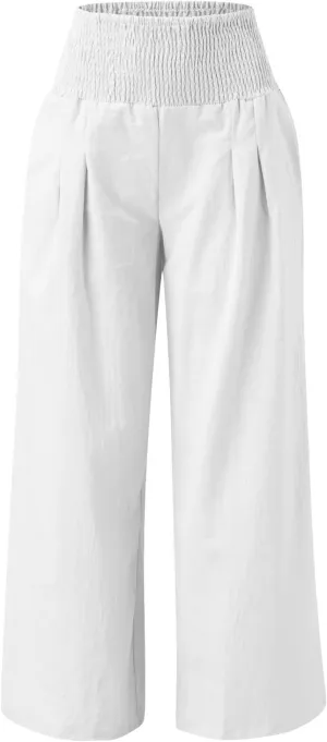 Women's Linen Casual High Waist Wide Leg Straight Pants Trousers Cotton High Waisted Pants Summer Loose Cropped Pants