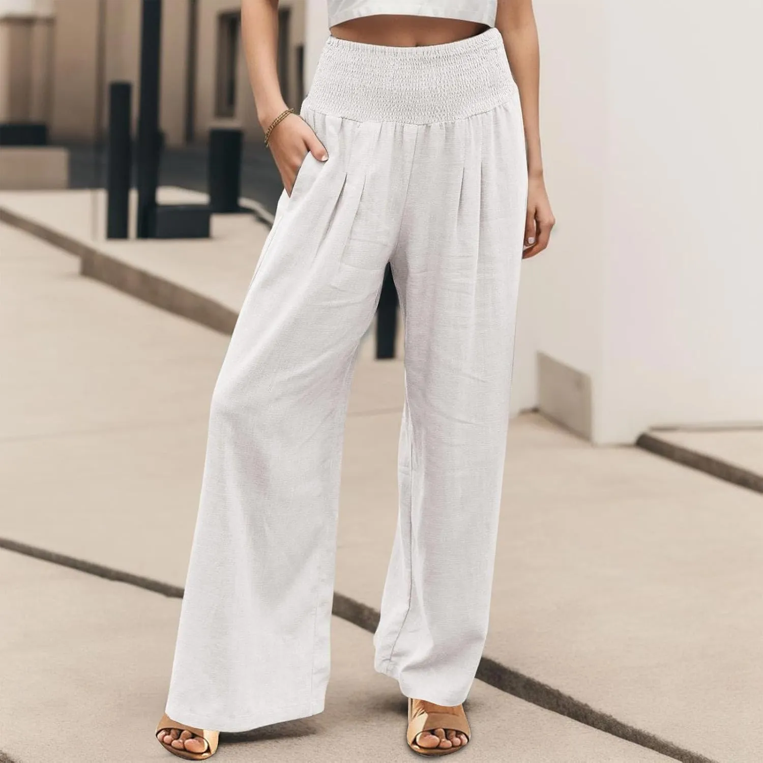 Women's Linen Casual High Waist Wide Leg Straight Pants Trousers Cotton High Waisted Pants Summer Loose Cropped Pants