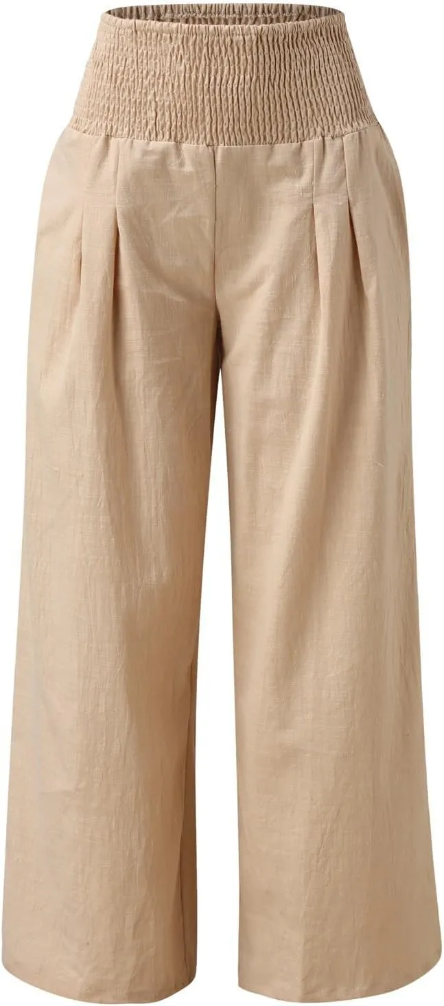 Women's Linen Casual High Waist Wide Leg Straight Pants Trousers Cotton High Waisted Pants Summer Loose Cropped Pants