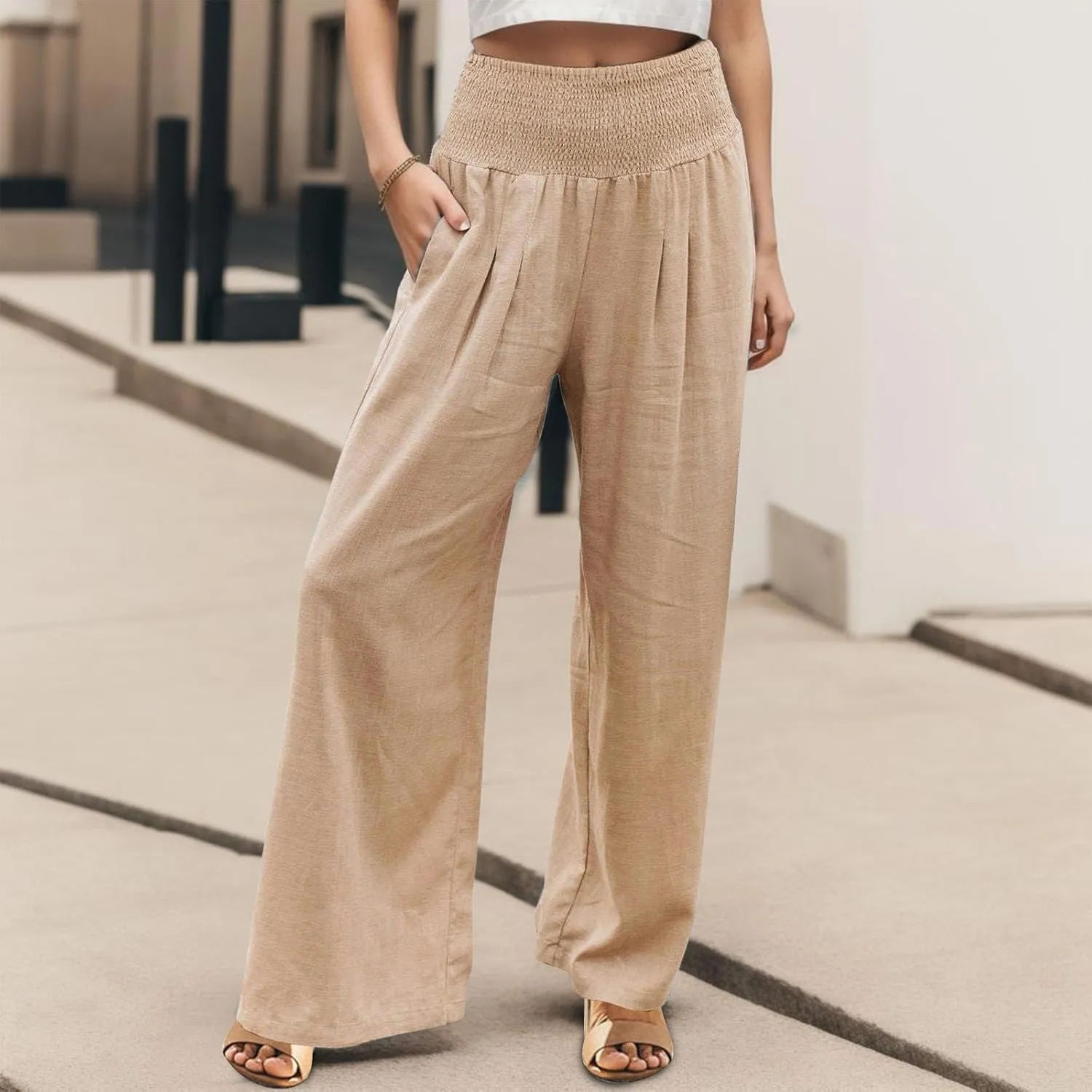 Women's Linen Casual High Waist Wide Leg Straight Pants Trousers Cotton High Waisted Pants Summer Loose Cropped Pants