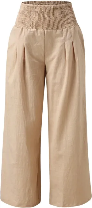 Women's Linen Casual High Waist Wide Leg Straight Pants Trousers Cotton High Waisted Pants Summer Loose Cropped Pants