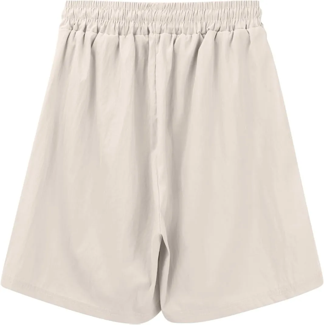 Women's Linen Shorts High Waisted Pleated Casual Bermuda Pants Lightweight Loose Wide Leg Workout Short with Pockets