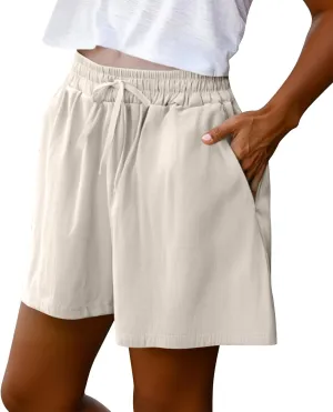 Women's Linen Shorts High Waisted Pleated Casual Bermuda Pants Lightweight Loose Wide Leg Workout Short with Pockets