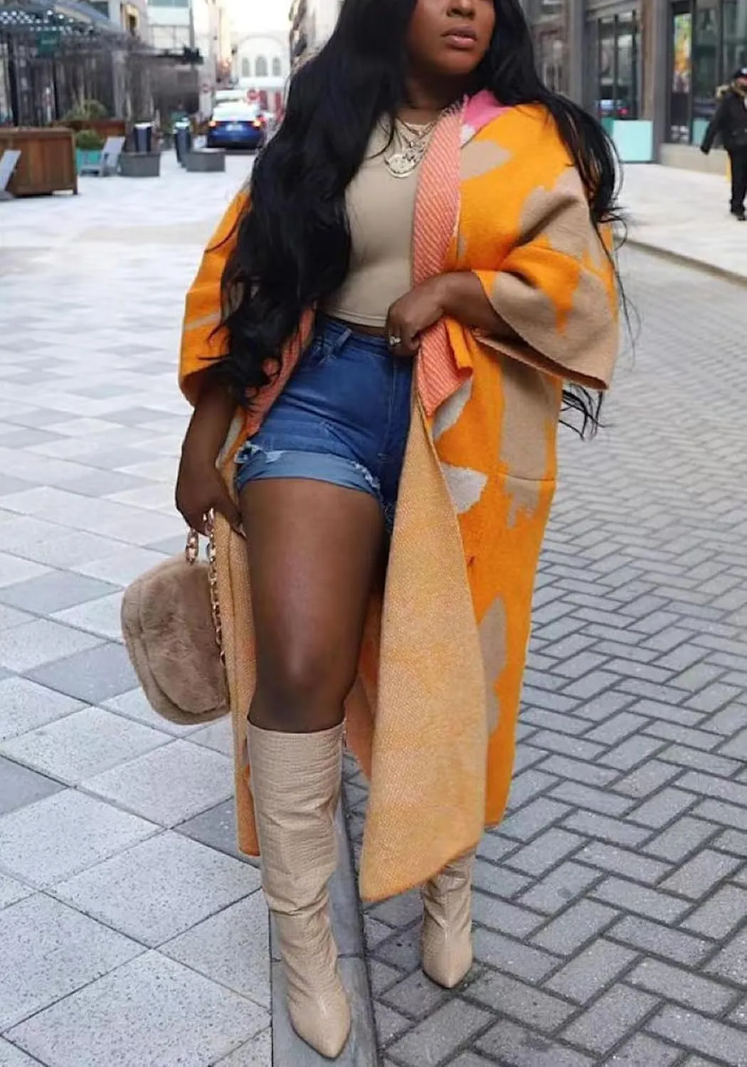 Womens Long Cardigan Sweaters Color Block Long Sleeve Open Front Slit Knit Sweater Coat