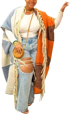 Womens Long Cardigan Sweaters Color Block Long Sleeve Open Front Slit Knit Sweater Coat