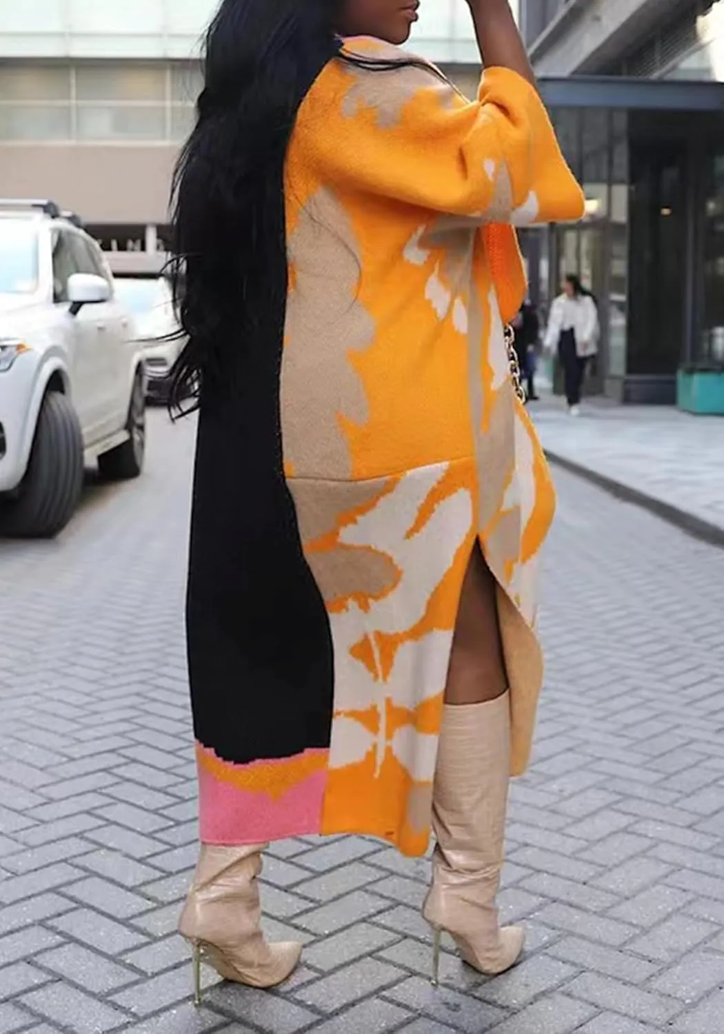 Womens Long Cardigan Sweaters Color Block Long Sleeve Open Front Slit Knit Sweater Coat