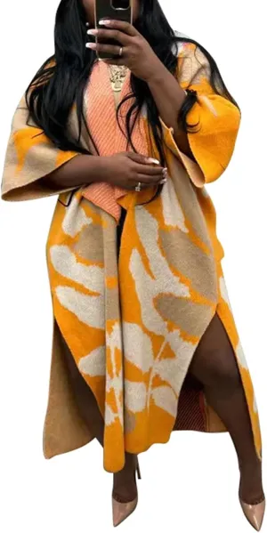 Womens Long Cardigan Sweaters Color Block Long Sleeve Open Front Slit Knit Sweater Coat