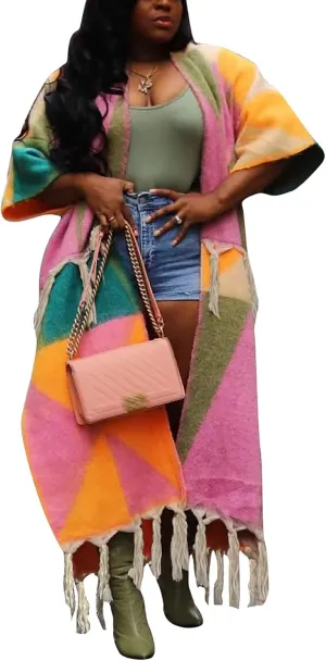 Womens Long Cardigan Sweaters Color Block Long Sleeve Open Front Slit Knit Sweater Coat