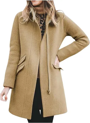 Women's Long Coat Classic Open Front Zip Up Casual Winter Warm Wool Blend Over Pea Coats with Pockets Long Jackets
