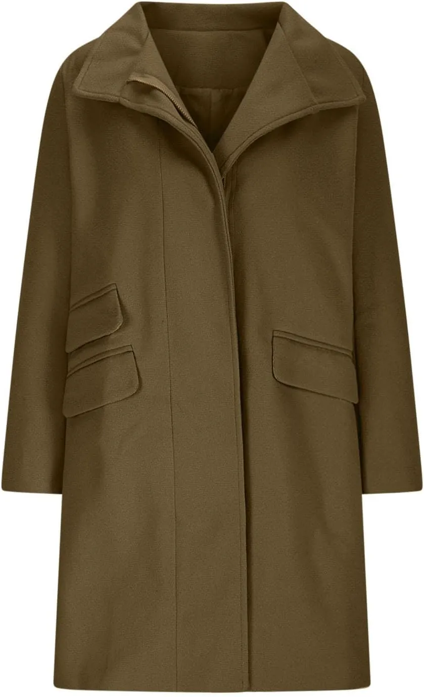 Women's Long Coat Classic Open Front Zip Up Casual Winter Warm Wool Blend Over Pea Coats with Pockets Long Jackets
