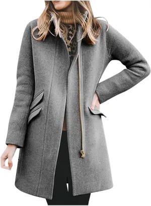 Women's Long Coat Classic Open Front Zip Up Casual Winter Warm Wool Blend Over Pea Coats with Pockets Long Jackets
