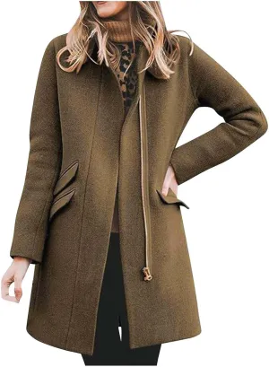 Women's Long Coat Classic Open Front Zip Up Casual Winter Warm Wool Blend Over Pea Coats with Pockets Long Jackets