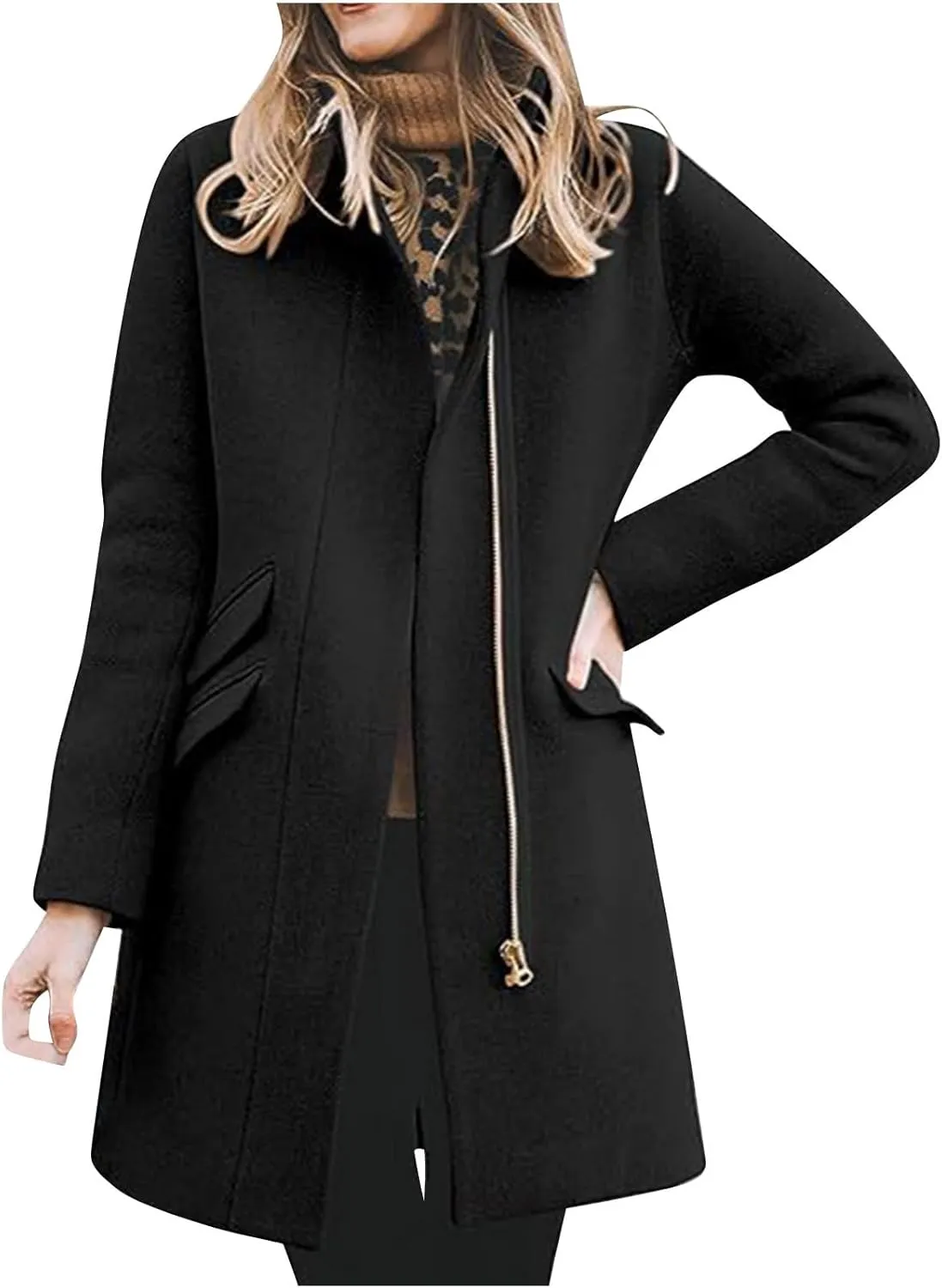 Women's Long Coat Classic Open Front Zip Up Casual Winter Warm Wool Blend Over Pea Coats with Pockets Long Jackets