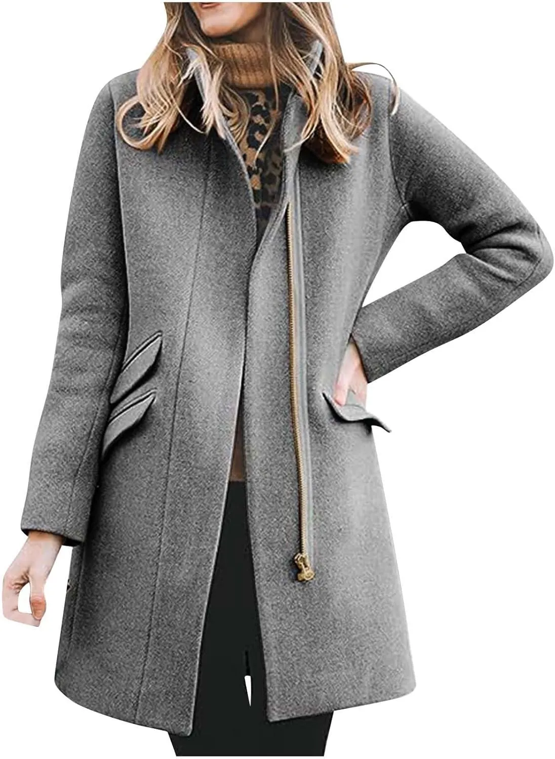 Women's Long Coat Classic Open Front Zip Up Casual Winter Warm Wool Blend Over Pea Coats with Pockets Long Jackets