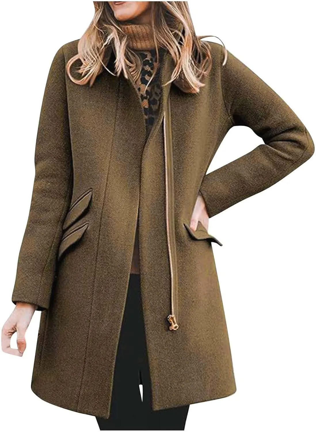 Women's Long Coat Classic Open Front Zip Up Casual Winter Warm Wool Blend Over Pea Coats with Pockets Long Jackets
