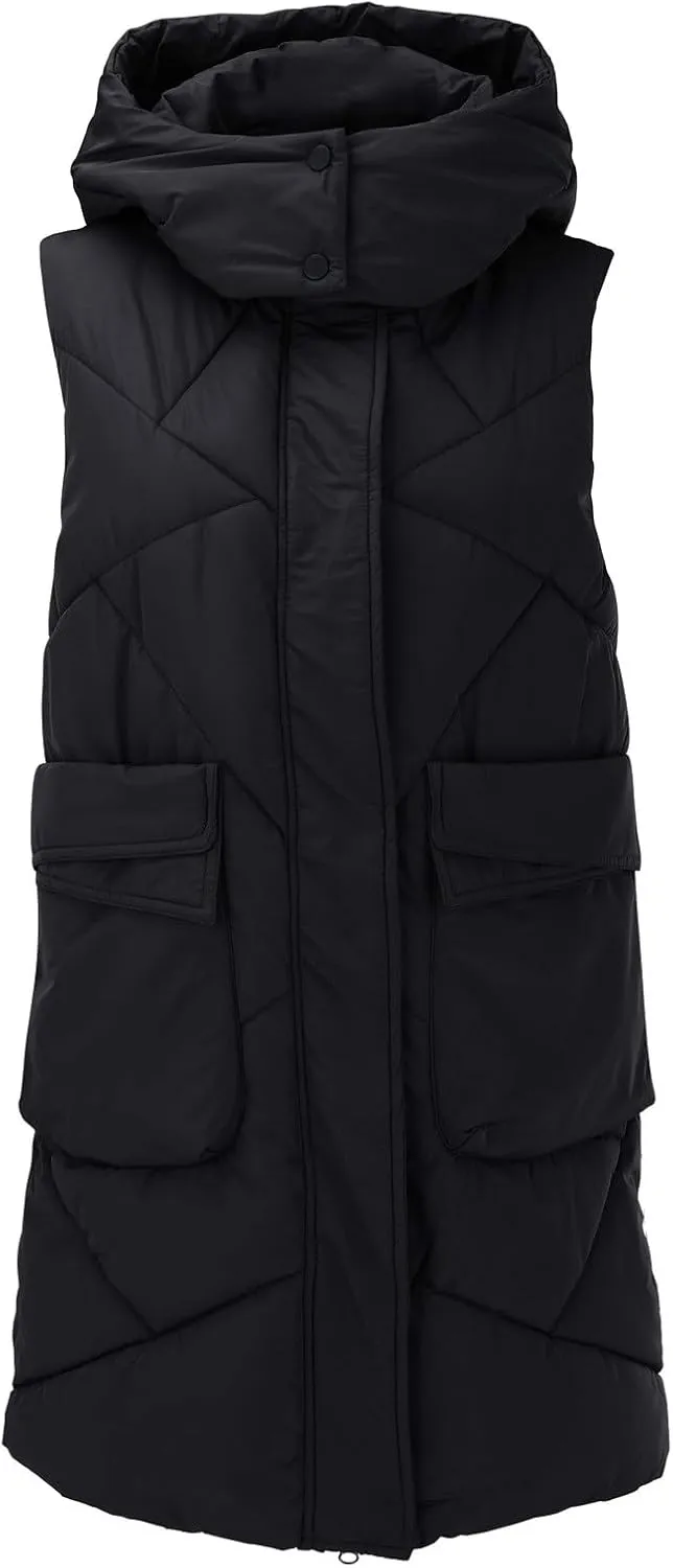 Women's Long Down Vest with Hooded Zipper Quilted Puffer Jacket Plus Size Winter Warm Slim Fit Coats Outdoor Vest