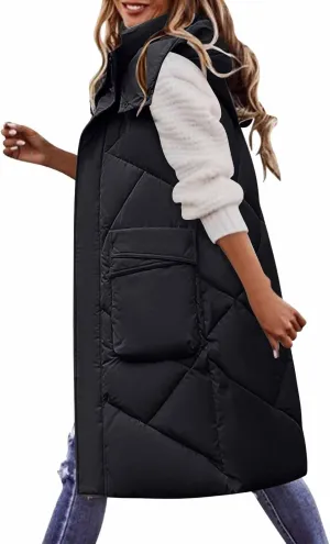 Women's Long Down Vest with Hooded Zipper Quilted Puffer Jacket Plus Size Winter Warm Slim Fit Coats Outdoor Vest