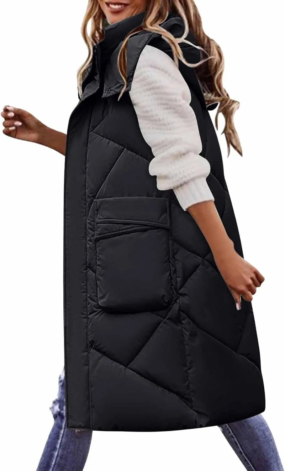 Women's Long Down Vest with Hooded Zipper Quilted Puffer Jacket Plus Size Winter Warm Slim Fit Coats Outdoor Vest
