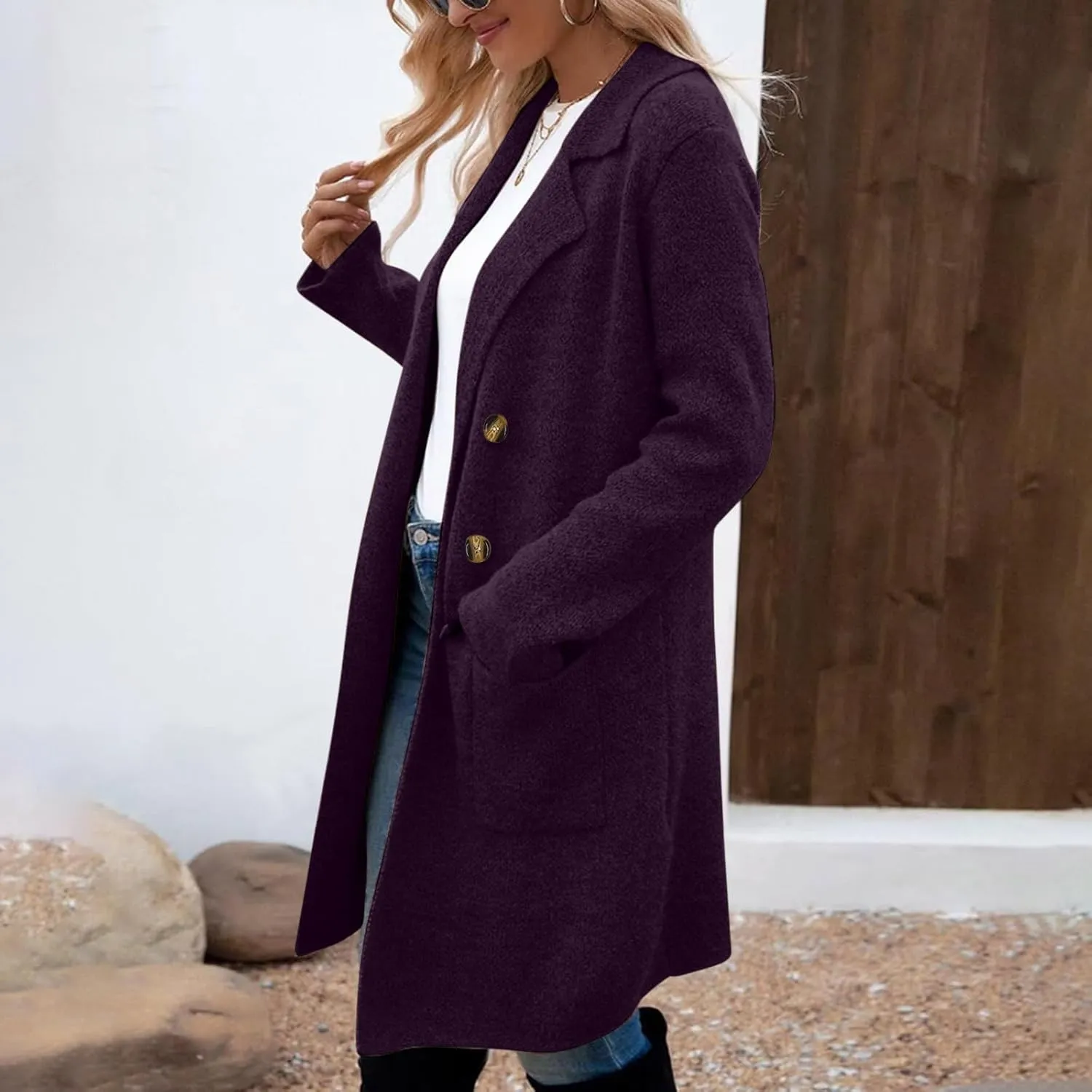 Womens Long Pea Coat Notch Collar Wool Coats Double Breasted Overcoat Open Front Cardigan Jackets Casual Winter Coats