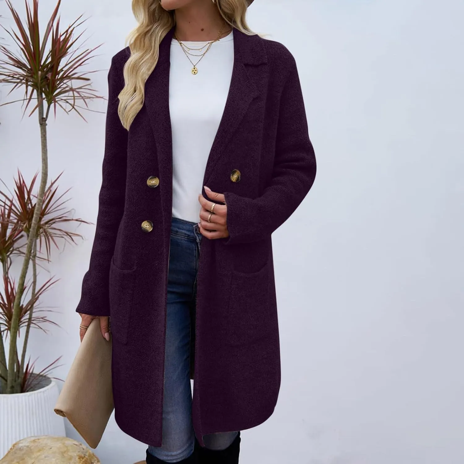 Womens Long Pea Coat Notch Collar Wool Coats Double Breasted Overcoat Open Front Cardigan Jackets Casual Winter Coats