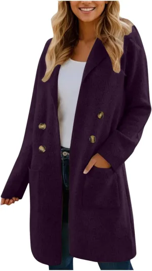 Womens Long Pea Coat Notch Collar Wool Coats Double Breasted Overcoat Open Front Cardigan Jackets Casual Winter Coats