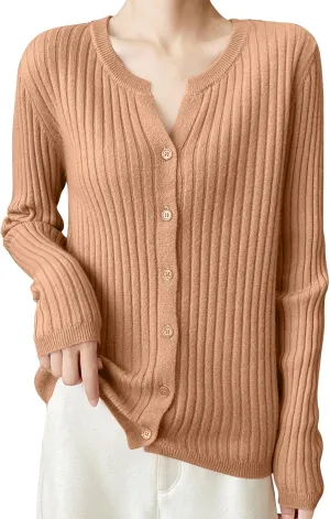 Women's Long Sleeve Button Down V Neck Classic Sweater Knit Lightweight Casual Cardigan Trendy Office Work Blouses