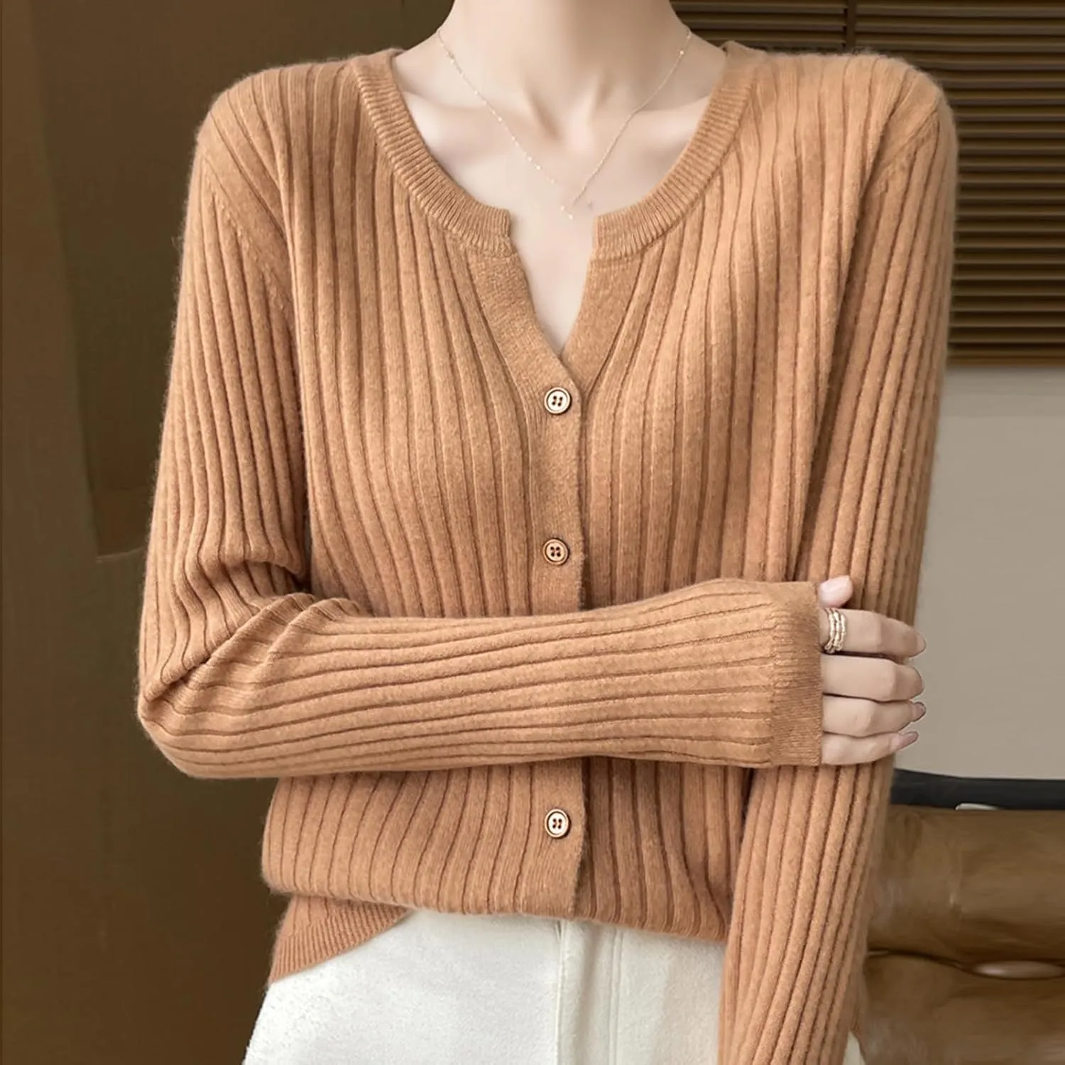 Women's Long Sleeve Button Down V Neck Classic Sweater Knit Lightweight Casual Cardigan Trendy Office Work Blouses