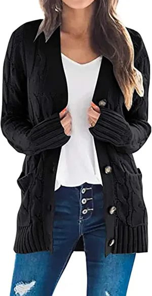 Women's Long Sleeve Cable Knit Cardigan Coats 2024 Fall Winter Fashion Button Down Chunky Soft Outwear with Pockets