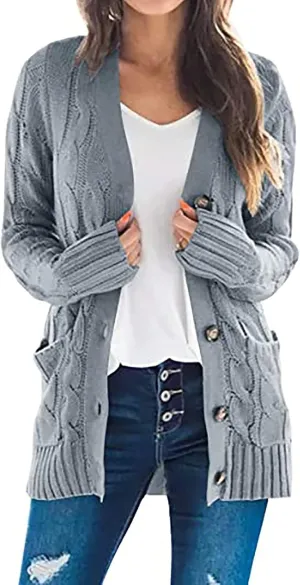 Women's Long Sleeve Cable Knit Cardigan Coats 2024 Fall Winter Fashion Button Down Chunky Soft Outwear with Pockets