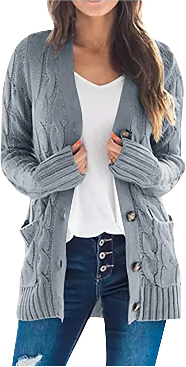 Women's Long Sleeve Cable Knit Cardigan Coats 2024 Fall Winter Fashion Button Down Chunky Soft Outwear with Pockets