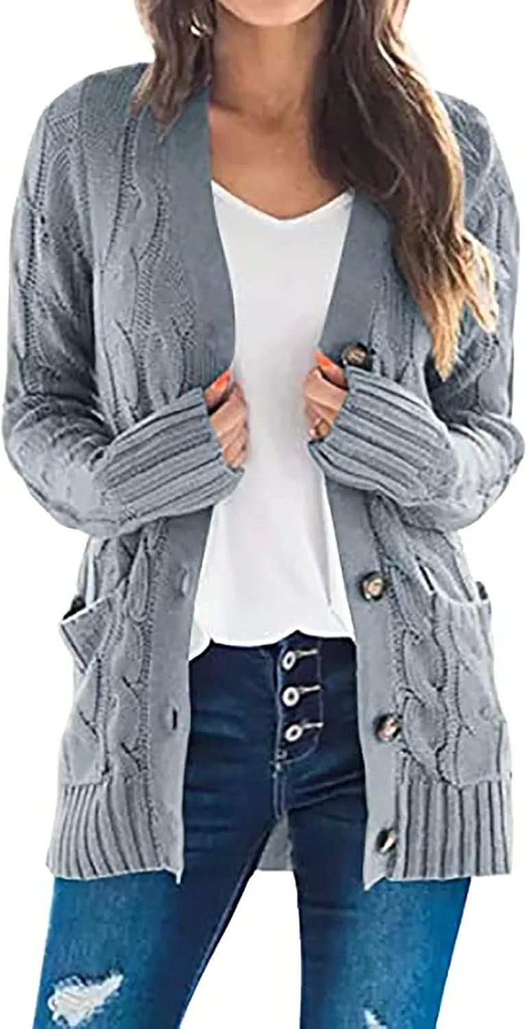 Women's Long Sleeve Cable Knit Cardigan Coats 2024 Fall Winter Fashion Button Down Chunky Soft Outwear with Pockets