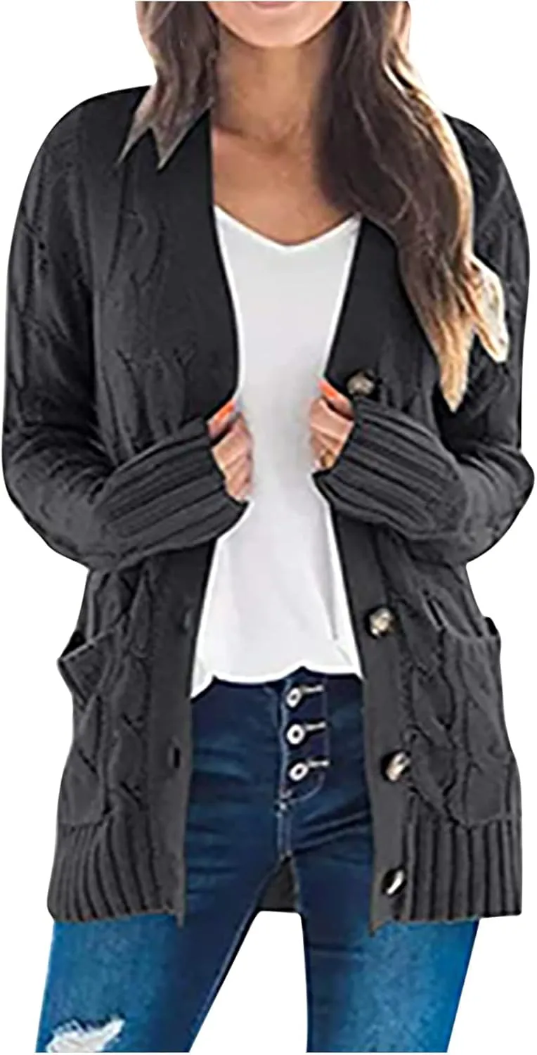 Women's Long Sleeve Cable Knit Cardigan Coats 2024 Fall Winter Fashion Button Down Chunky Soft Outwear with Pockets