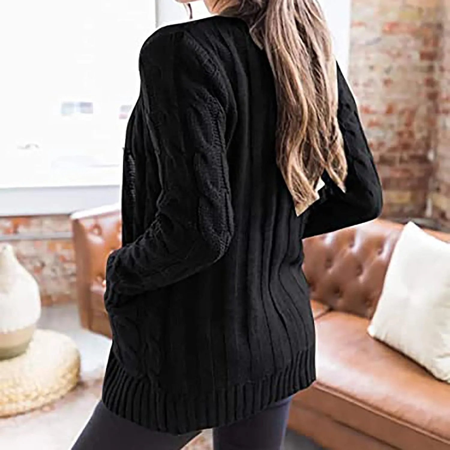 Women's Long Sleeve Cable Knit Cardigan Coats 2024 Fall Winter Fashion Button Down Chunky Soft Outwear with Pockets