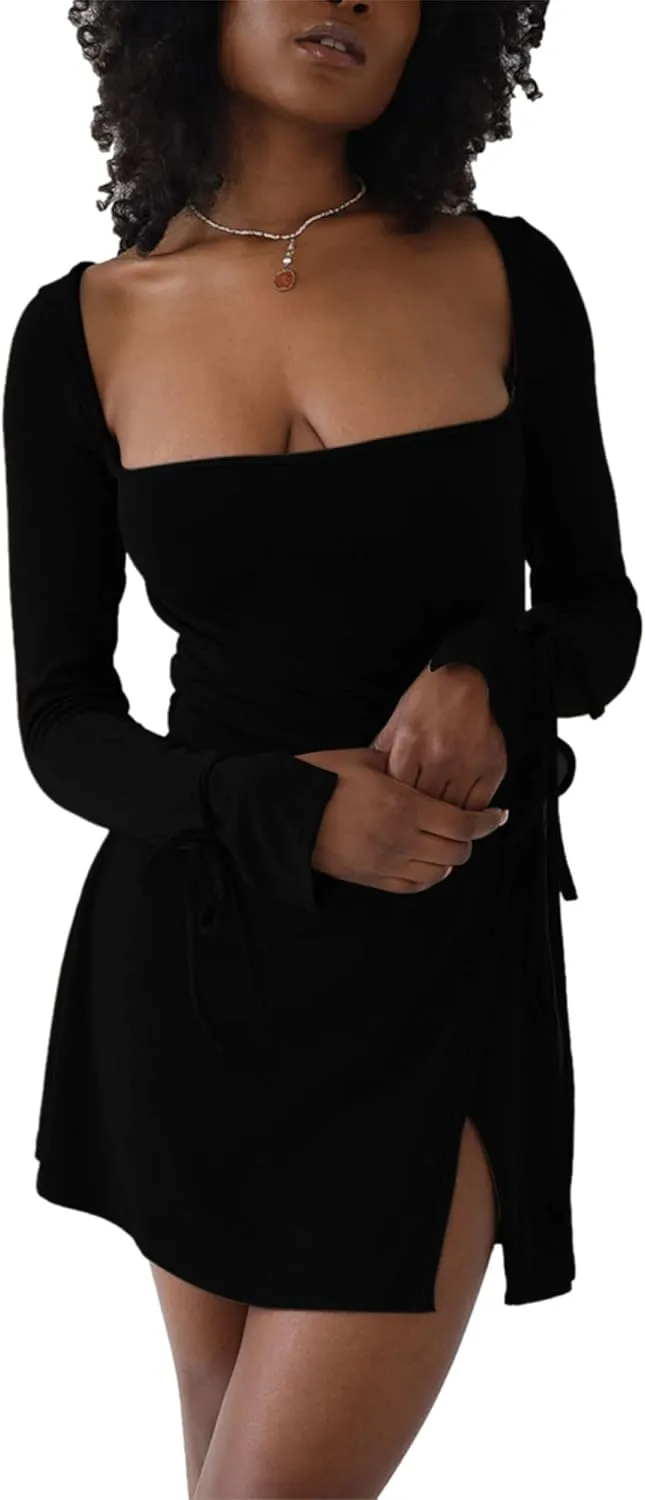 Women's Long Sleeve Square Neck Wrap Midi Dress Y2k Split Short Dresses Cutout Bodycon Bodysuit Dress Party Beach Sundress