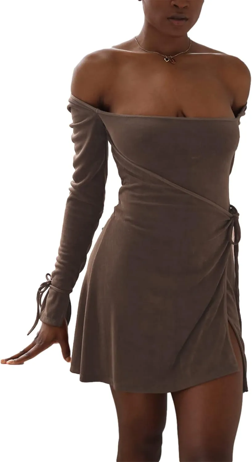 Women's Long Sleeve Square Neck Wrap Midi Dress Y2k Split Short Dresses Cutout Bodycon Bodysuit Dress Party Beach Sundress