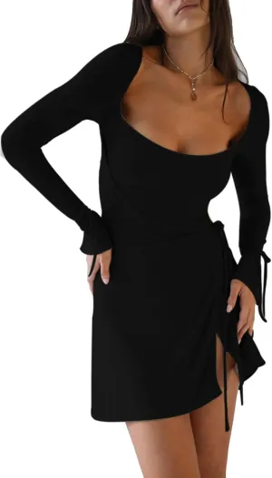 Women's Long Sleeve Square Neck Wrap Midi Dress Y2k Split Short Dresses Cutout Bodycon Bodysuit Dress Party Beach Sundress