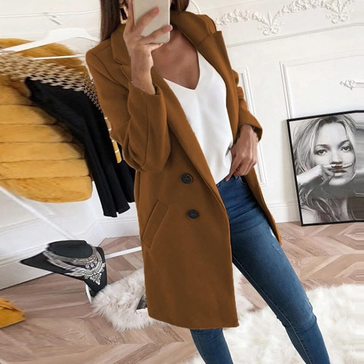 Womens Long Trench Coats Warm Wool Blend Pea Coat Dressy Coats Winter Coats Long Cardigan Jackets Peacoat Overcoats