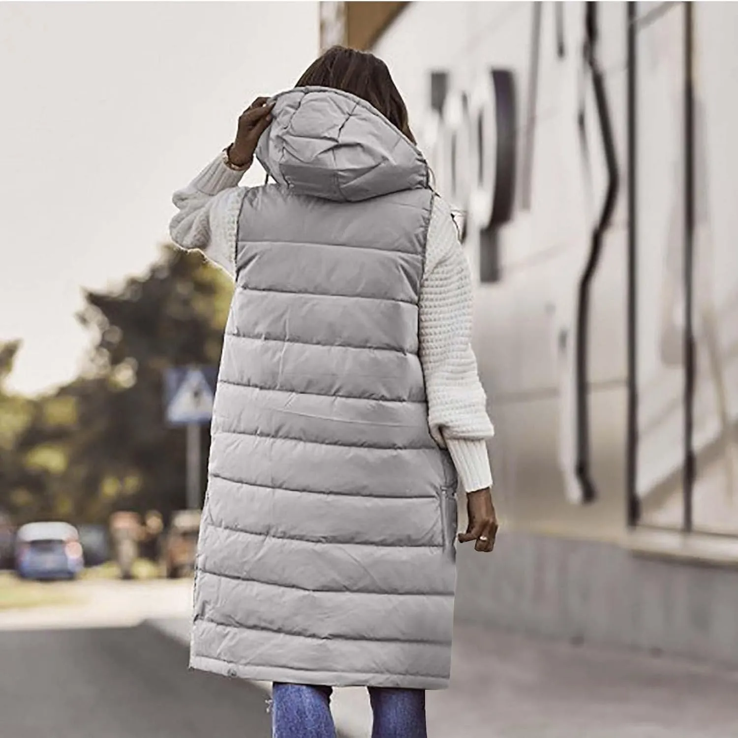 Women's Long Vest Sleeveless Lightweight Puffer Jacket Packable Hooded Down Soft Coat Quilted with Hood Winter