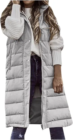 Women's Long Vest Sleeveless Lightweight Puffer Jacket Packable Hooded Down Soft Coat Quilted with Hood Winter