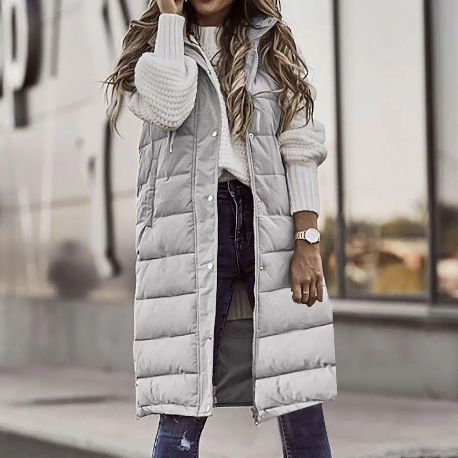 Women's Long Vest Sleeveless Lightweight Puffer Jacket Packable Hooded Down Soft Coat Quilted with Hood Winter